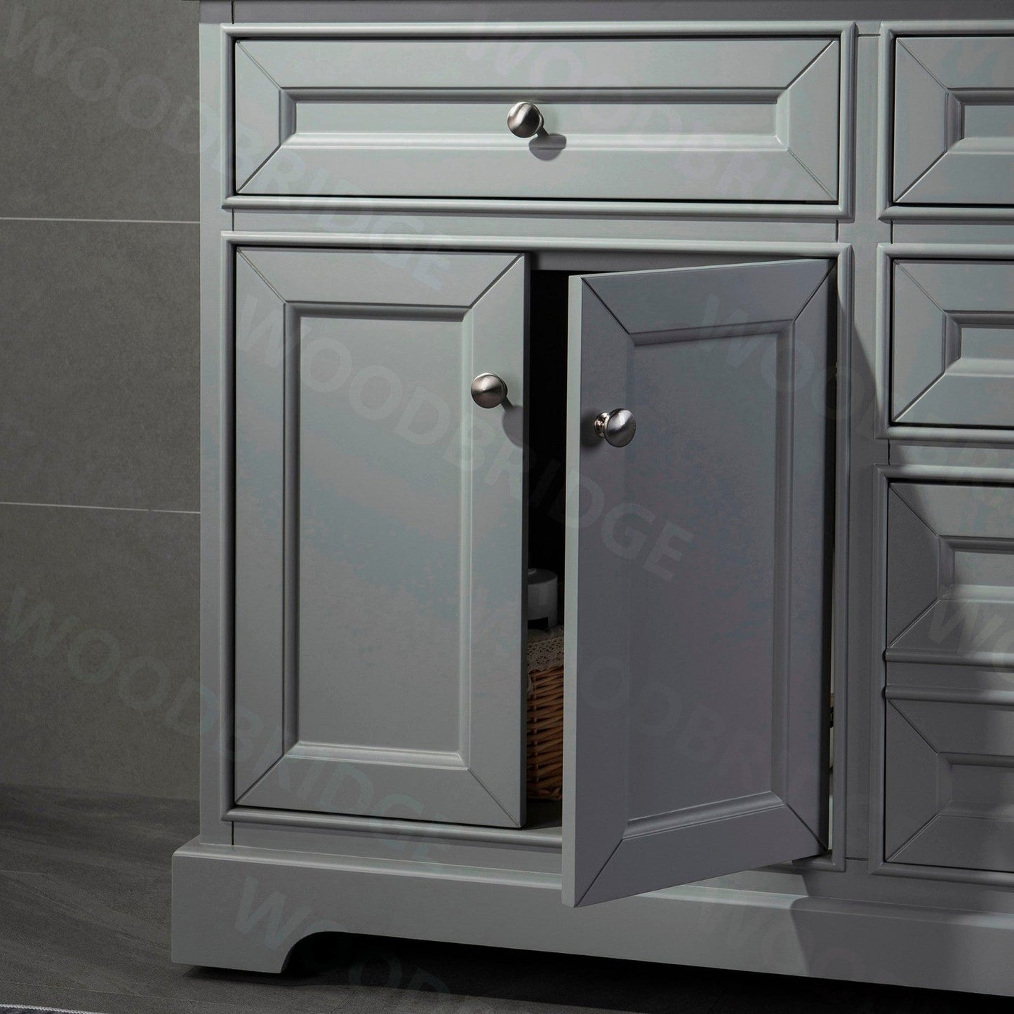 WoodBridge London 48" Gray Solid Wood Bathroom Vanity Base and Engineered Marble White Carrara Countertop, Rectangle Undermount Sink, 2 Soft Closing Doors and 6 Full Extension Dovetail Drawers With 8" Faucet Holes