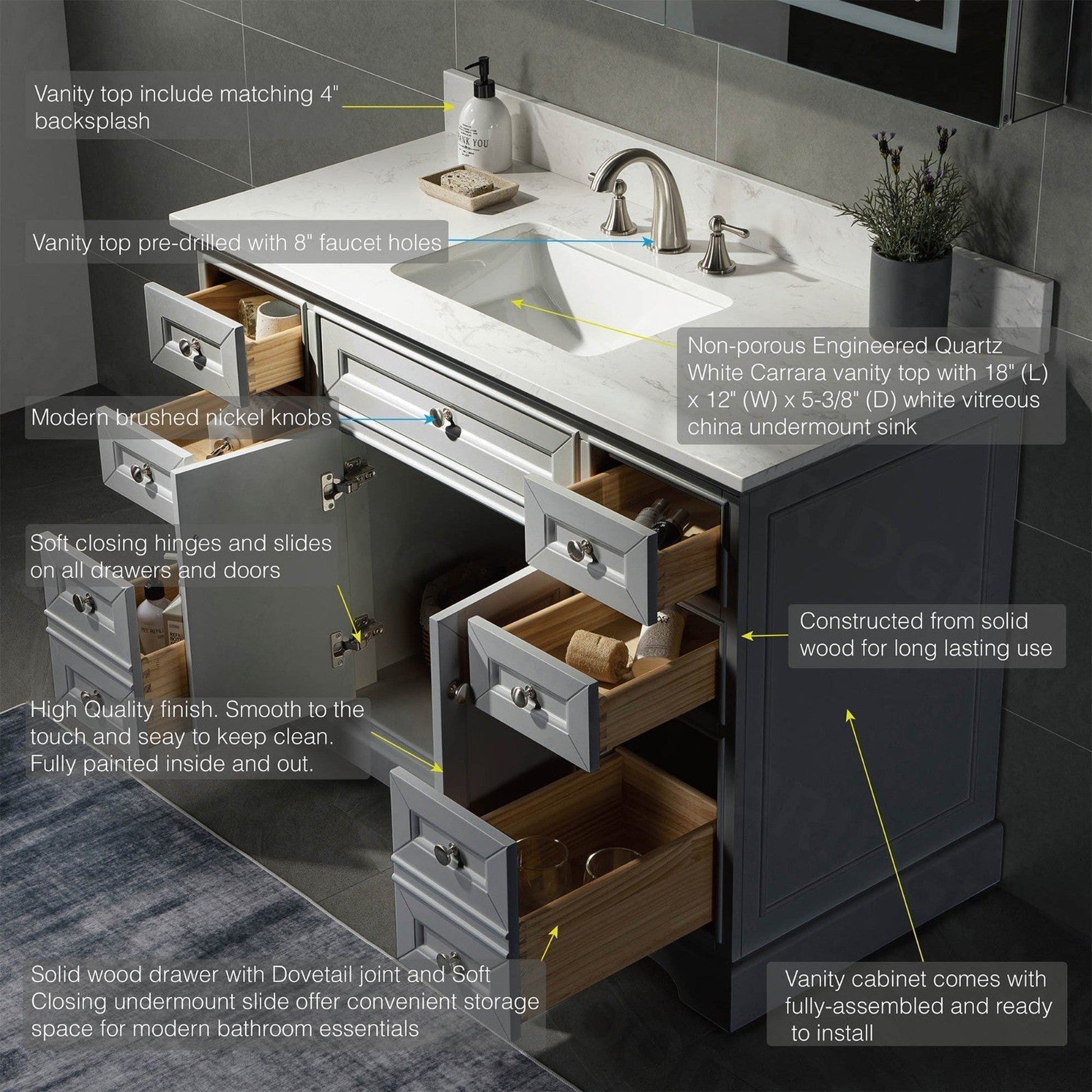 WoodBridge London 48" Gray Solid Wood Bathroom Vanity Base and Engineered Marble White Carrara Countertop, Rectangle Undermount Sink, 2 Soft Closing Doors and 6 Full Extension Dovetail Drawers With 8" Faucet Holes