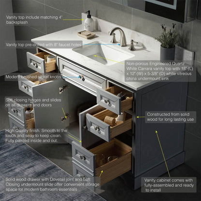 WoodBridge London 48" Gray Solid Wood Bathroom Vanity Base and Engineered Marble White Carrara Countertop, Rectangle Undermount Sink, 2 Soft Closing Doors and 6 Full Extension Dovetail Drawers With 8" Faucet Holes