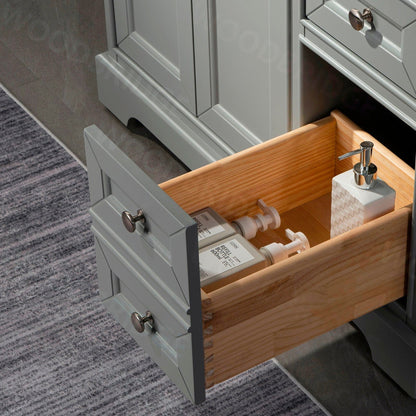 WoodBridge London 48" Gray Solid Wood Bathroom Vanity Base and Engineered Marble White Carrara Countertop, Rectangle Undermount Sink, 2 Soft Closing Doors and 6 Full Extension Dovetail Drawers With 8" Faucet Holes