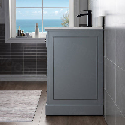 WoodBridge London 48" Gray Solid Wood Bathroom Vanity Base and Engineered Marble White Carrara Countertop, Rectangle Undermount Sink, 2 Soft Closing Doors and 6 Full Extension Dovetail Drawers With 8" Faucet Holes