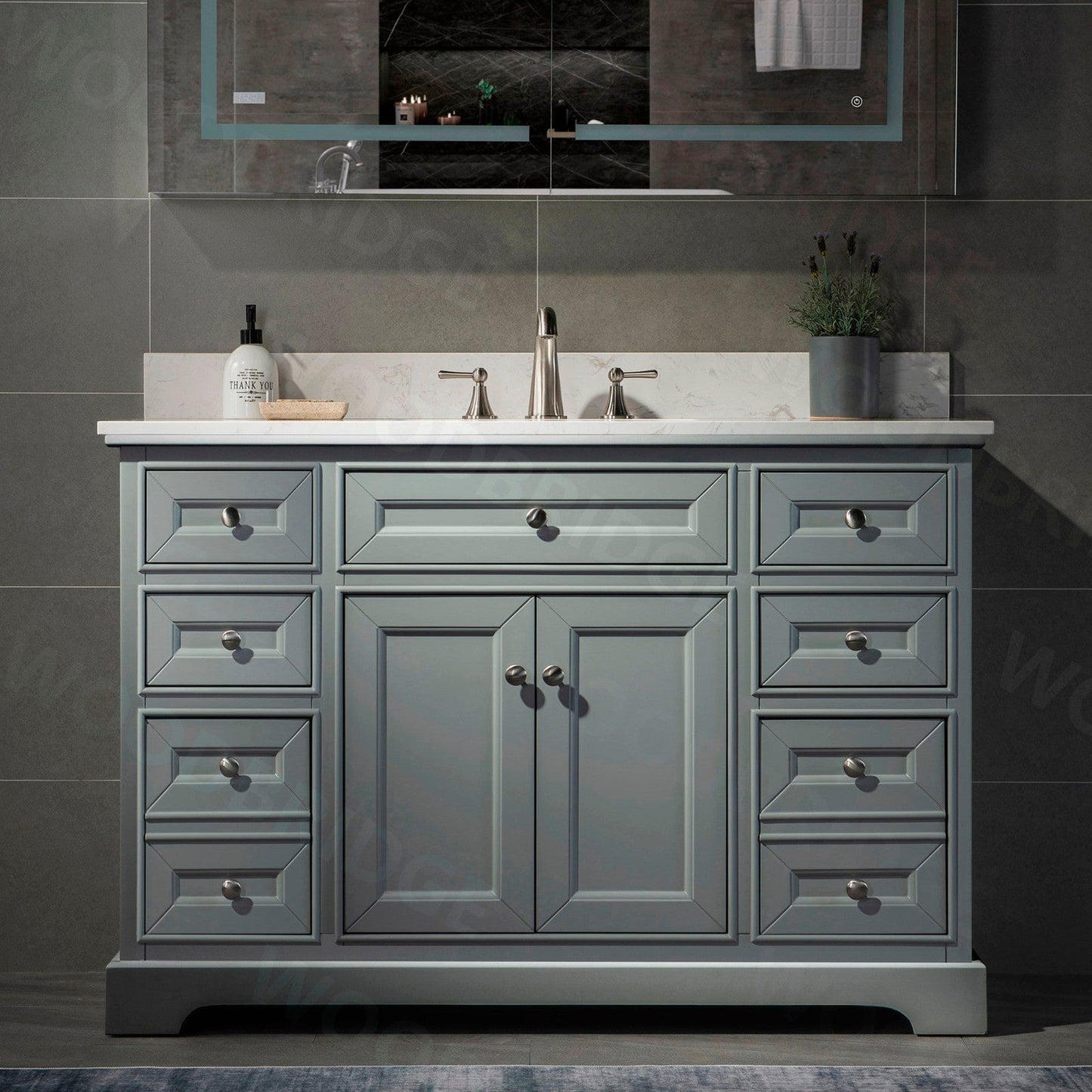 WoodBridge London 48" Gray Solid Wood Bathroom Vanity Base and Engineered Marble White Carrara Countertop, Rectangle Undermount Sink, 2 Soft Closing Doors and 6 Full Extension Dovetail Drawers With 8" Faucet Holes