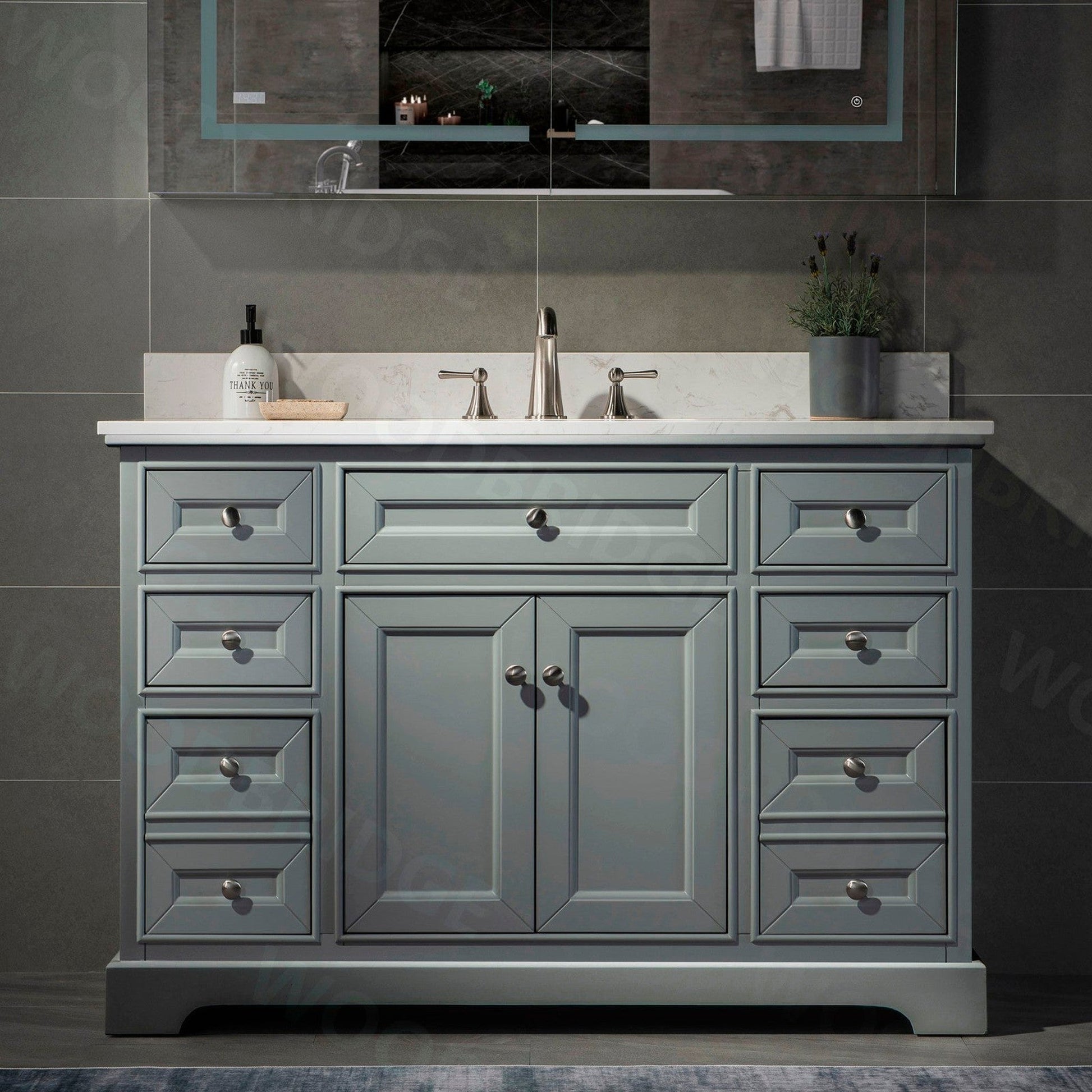 WoodBridge London 48" Gray Solid Wood Bathroom Vanity Base and Engineered Marble White Carrara Countertop, Rectangle Undermount Sink, 2 Soft Closing Doors and 6 Full Extension Dovetail Drawers With 8" Faucet Holes