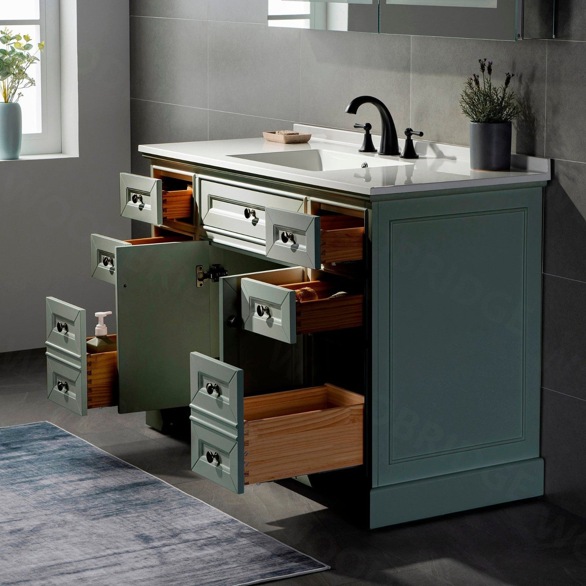 WoodBridge London 48" Gray Solid Wood Bathroom Vanity Base and White Solid Surface Vanity Top, Undermount Sink, 2 Soft Closing Doors and 6 Full Extension Dovetail Drawers With 4" Faucet Holes