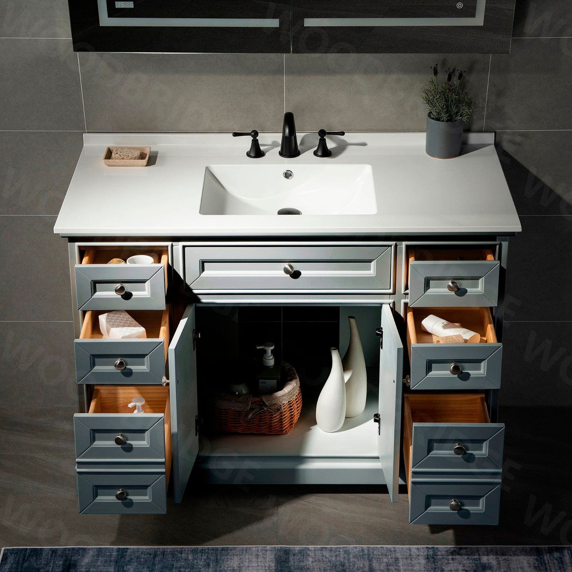 WoodBridge London 48" Gray Solid Wood Bathroom Vanity Base and White Solid Surface Vanity Top, Undermount Sink, 2 Soft Closing Doors and 6 Full Extension Dovetail Drawers With 4" Faucet Holes
