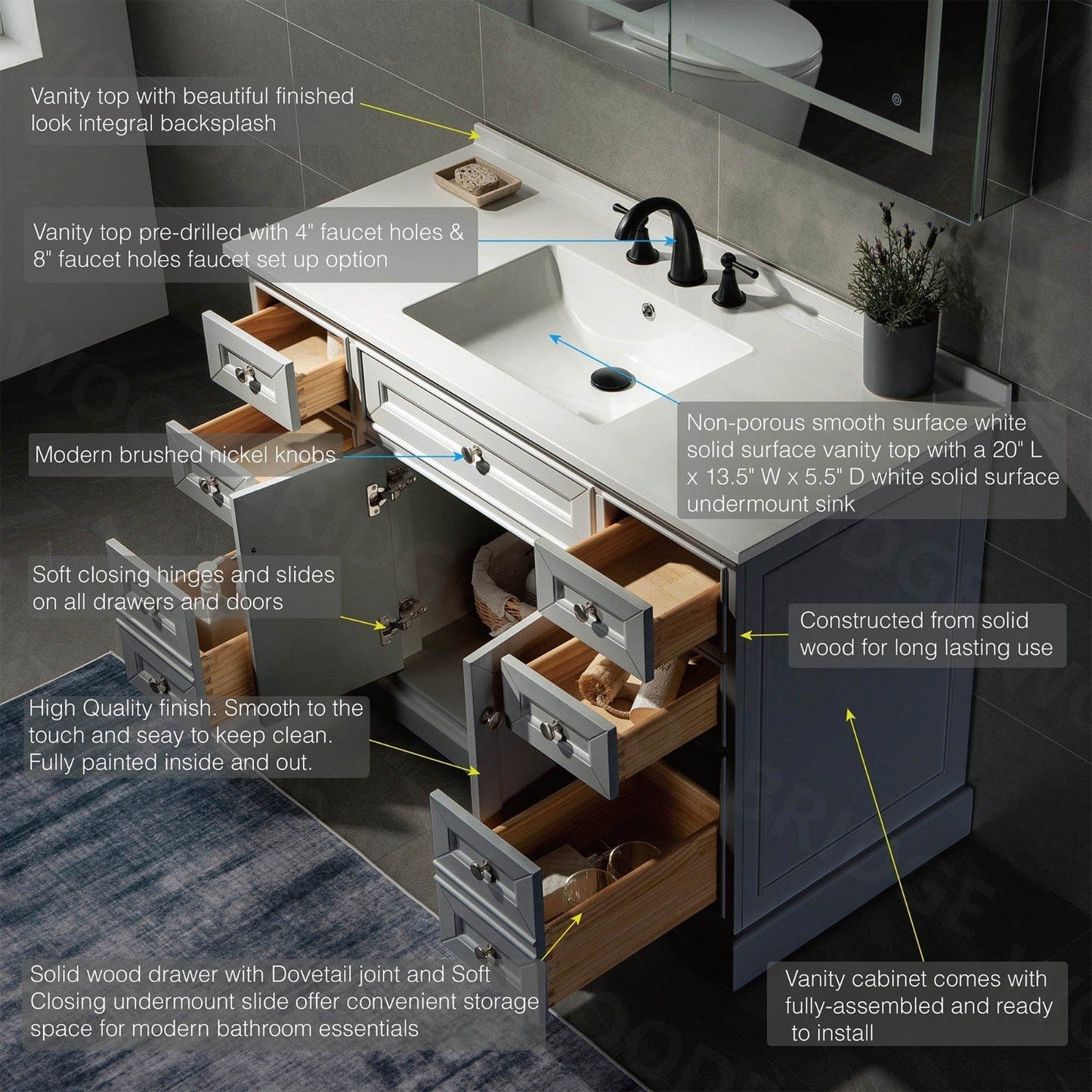 WoodBridge London 48" Gray Solid Wood Bathroom Vanity Base and White Solid Surface Vanity Top, Undermount Sink, 2 Soft Closing Doors and 6 Full Extension Dovetail Drawers With 4" Faucet Holes