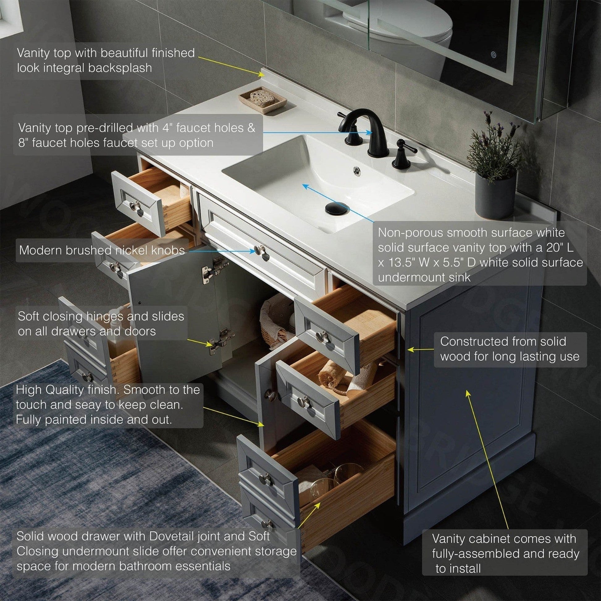 WoodBridge London 48" Gray Solid Wood Bathroom Vanity Base and White Solid Surface Vanity Top, Undermount Sink, 2 Soft Closing Doors and 6 Full Extension Dovetail Drawers With 4" Faucet Holes