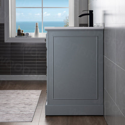 WoodBridge London 48" Gray Solid Wood Bathroom Vanity Base and White Solid Surface Vanity Top, Undermount Sink, 2 Soft Closing Doors and 6 Full Extension Dovetail Drawers With 4" Faucet Holes