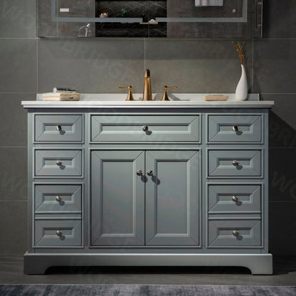 WoodBridge London 48" Gray Solid Wood Bathroom Vanity Base and White Solid Surface Vanity Top, Undermount Sink, 2 Soft Closing Doors and 6 Full Extension Dovetail Drawers With 4" Faucet Holes