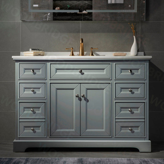 WoodBridge London 48" Gray Solid Wood Bathroom Vanity Base and White Solid Surface Vanity Top, Undermount Sink, 2 Soft Closing Doors and 6 Full Extension Dovetail Drawers With 4" Faucet Holes