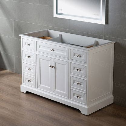 WoodBridge London 48" White Solid Wood Bathroom Vanity Base With 2 Soft Close Door, 6 Soft Close Drawers, 1 Decorative Drawer and 1 Interior Shelf