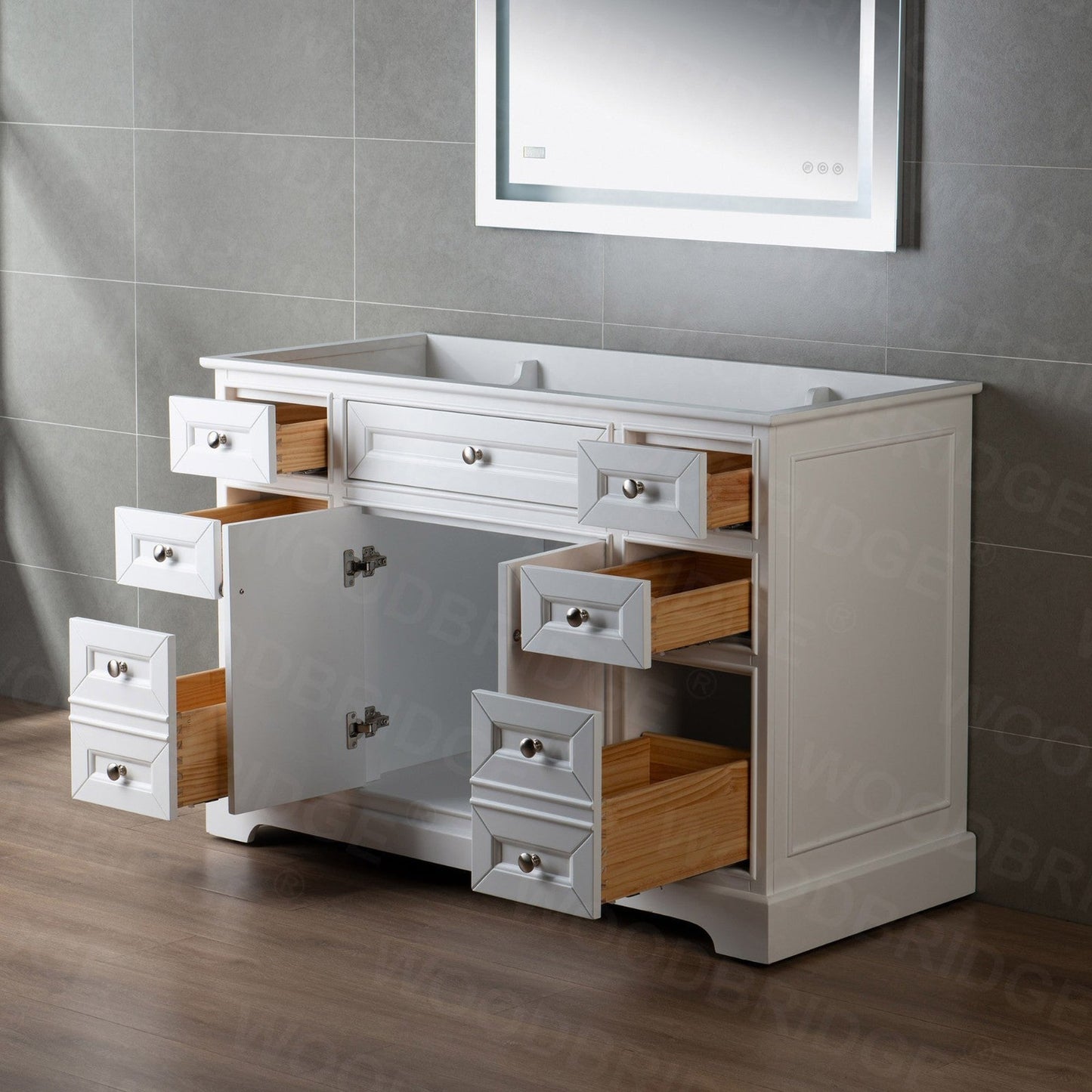 WoodBridge London 48" White Solid Wood Bathroom Vanity Base With 2 Soft Close Door, 6 Soft Close Drawers, 1 Decorative Drawer and 1 Interior Shelf