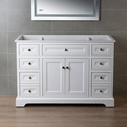 WoodBridge London 48" White Solid Wood Bathroom Vanity Base With 2 Soft Close Door, 6 Soft Close Drawers, 1 Decorative Drawer and 1 Interior Shelf