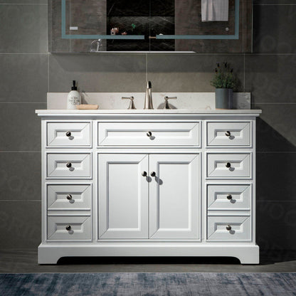 WoodBridge London 48" White Solid Wood Bathroom Vanity Base and Engineered Marble White Carrara Countertop, Rectangle Undermount Sink, 2 Soft Closing Doors and 6 Full Extension Dovetail Drawers With 8" Faucet Holes