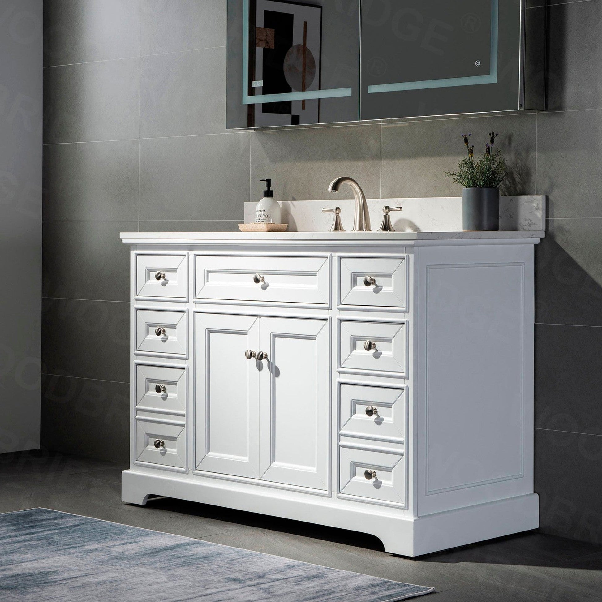 WoodBridge London 48" White Solid Wood Bathroom Vanity Base and Engineered Marble White Carrara Countertop, Rectangle Undermount Sink, 2 Soft Closing Doors and 6 Full Extension Dovetail Drawers With 8" Faucet Holes
