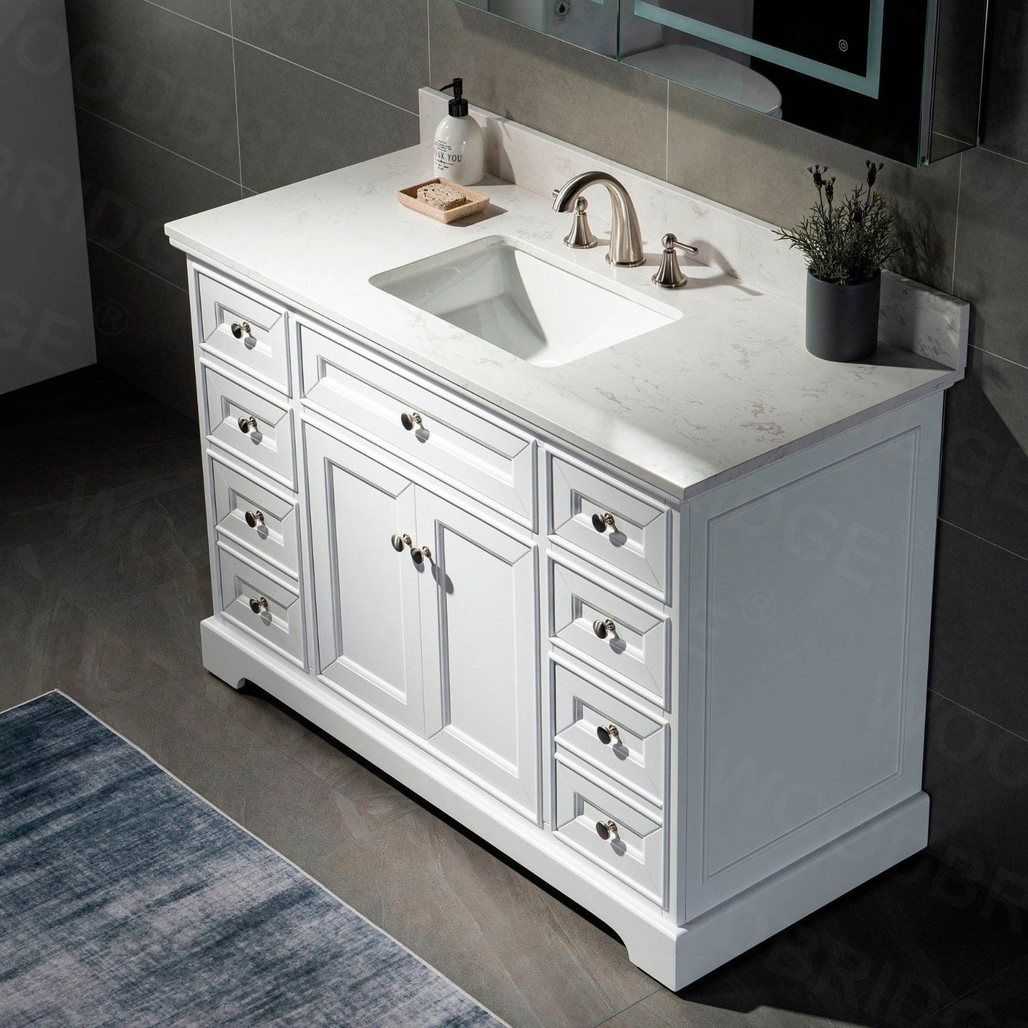 WoodBridge London 48" White Solid Wood Bathroom Vanity Base and Engineered Marble White Carrara Countertop, Rectangle Undermount Sink, 2 Soft Closing Doors and 6 Full Extension Dovetail Drawers With 8" Faucet Holes