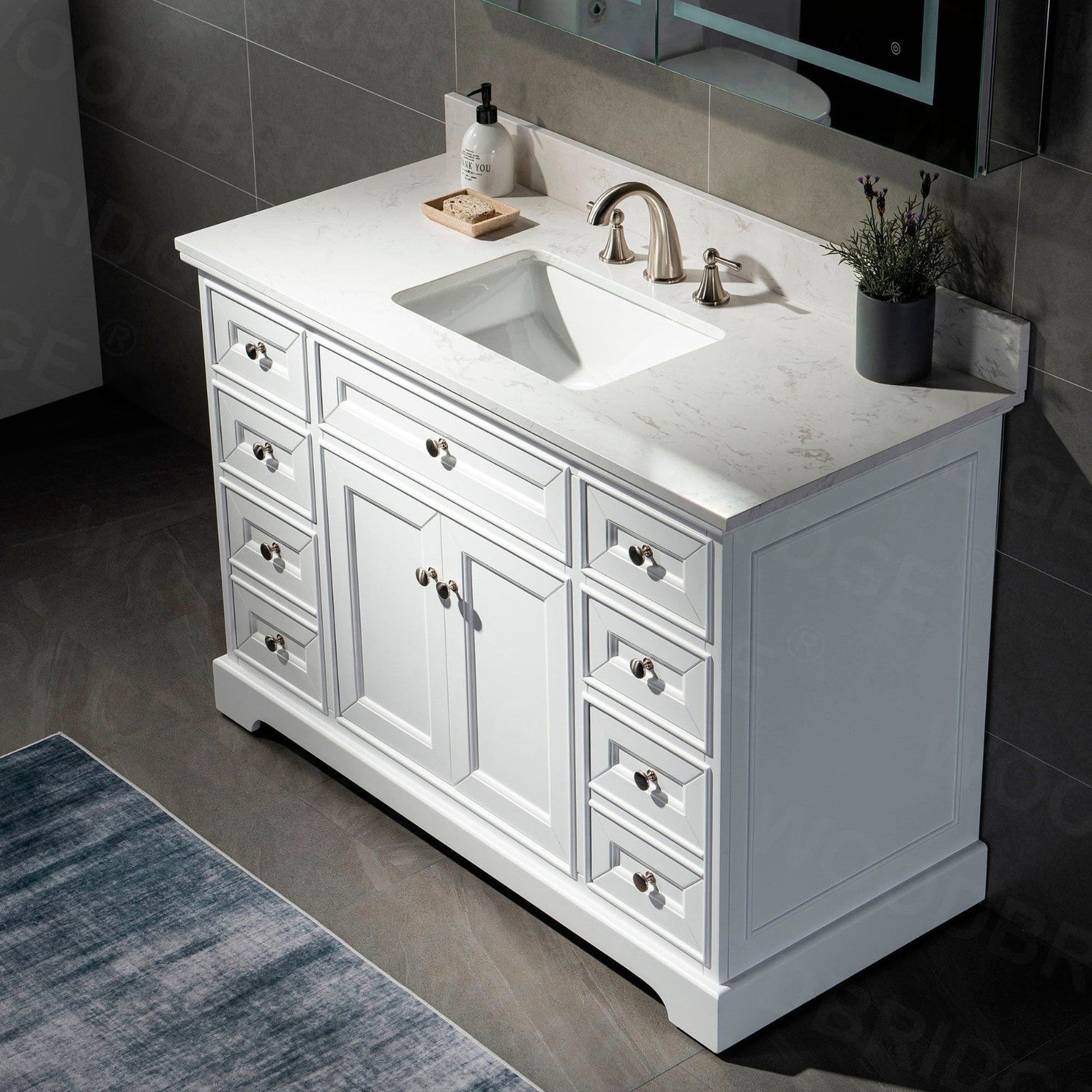 WoodBridge London 48" White Solid Wood Bathroom Vanity Base and Engineered Marble White Carrara Countertop, Rectangle Undermount Sink, 2 Soft Closing Doors and 6 Full Extension Dovetail Drawers With 8" Faucet Holes