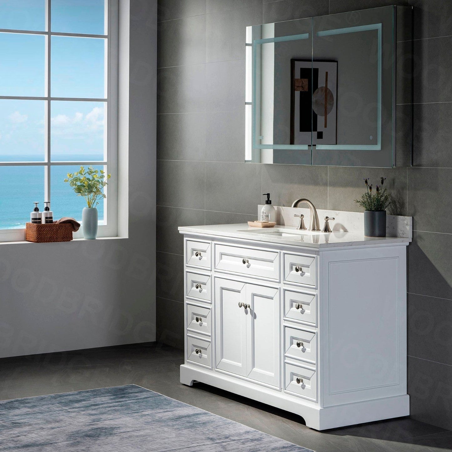 WoodBridge London 48" White Solid Wood Bathroom Vanity Base and Engineered Marble White Carrara Countertop, Rectangle Undermount Sink, 2 Soft Closing Doors and 6 Full Extension Dovetail Drawers With 8" Faucet Holes