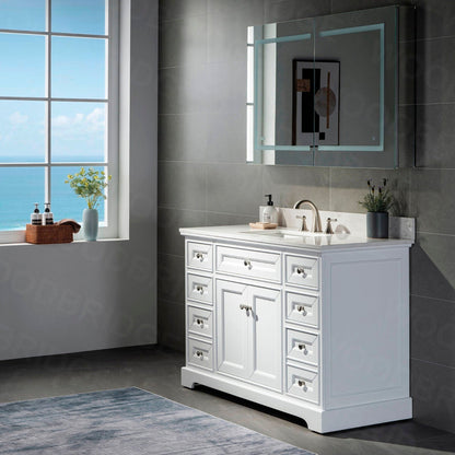 WoodBridge London 48" White Solid Wood Bathroom Vanity Base and Engineered Marble White Carrara Countertop, Rectangle Undermount Sink, 2 Soft Closing Doors and 6 Full Extension Dovetail Drawers With 8" Faucet Holes