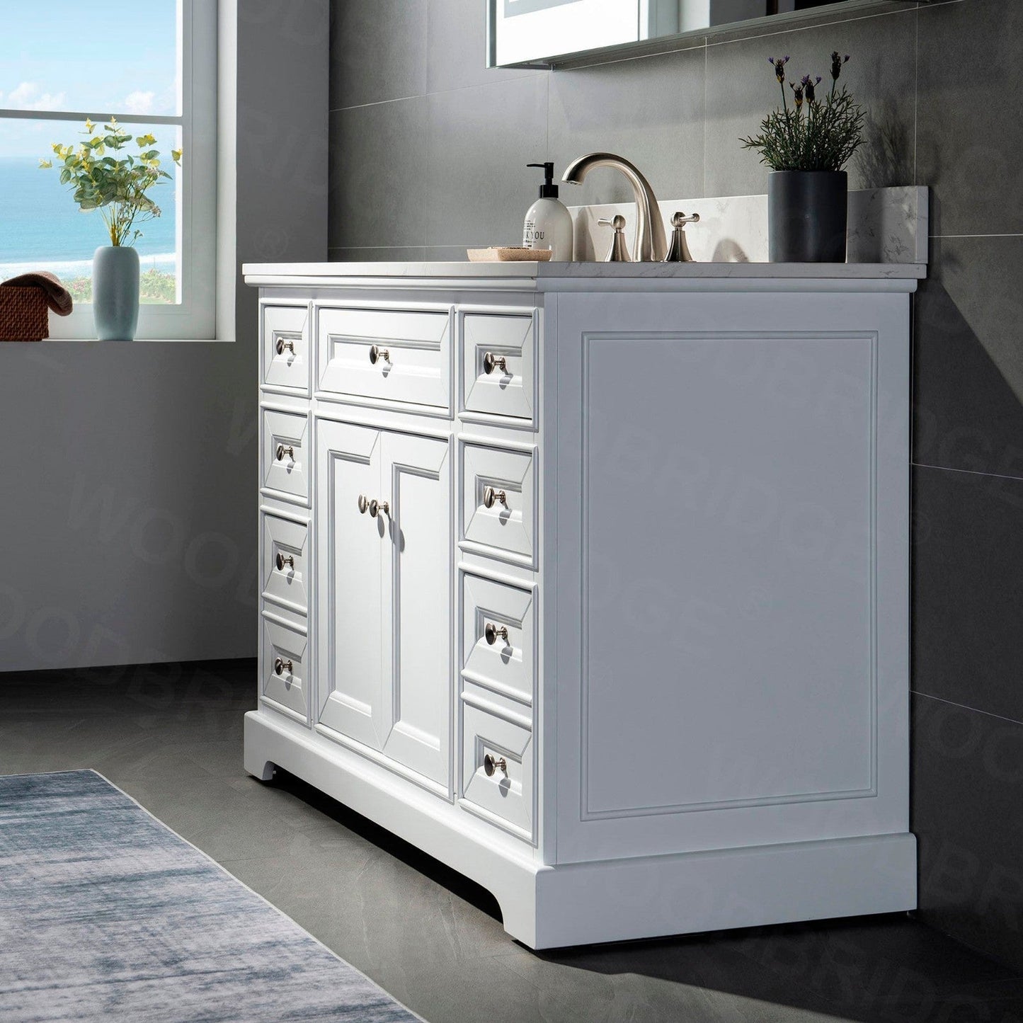 WoodBridge London 48" White Solid Wood Bathroom Vanity Base and Engineered Marble White Carrara Countertop, Rectangle Undermount Sink, 2 Soft Closing Doors and 6 Full Extension Dovetail Drawers With 8" Faucet Holes