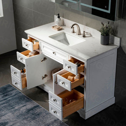 WoodBridge London 48" White Solid Wood Bathroom Vanity Base and Engineered Marble White Carrara Countertop, Rectangle Undermount Sink, 2 Soft Closing Doors and 6 Full Extension Dovetail Drawers With 8" Faucet Holes