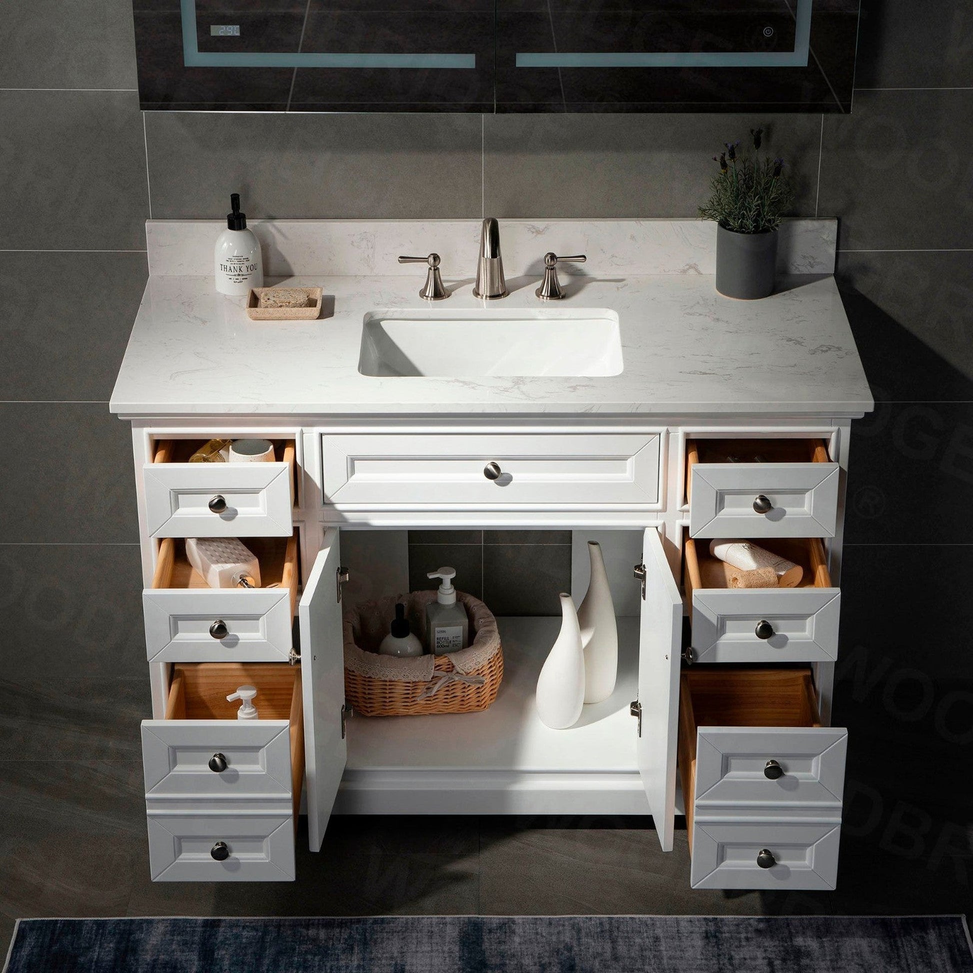 WoodBridge London 48" White Solid Wood Bathroom Vanity Base and Engineered Marble White Carrara Countertop, Rectangle Undermount Sink, 2 Soft Closing Doors and 6 Full Extension Dovetail Drawers With 8" Faucet Holes