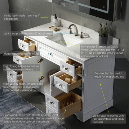 WoodBridge London 48" White Solid Wood Bathroom Vanity Base and Engineered Marble White Carrara Countertop, Rectangle Undermount Sink, 2 Soft Closing Doors and 6 Full Extension Dovetail Drawers With 8" Faucet Holes