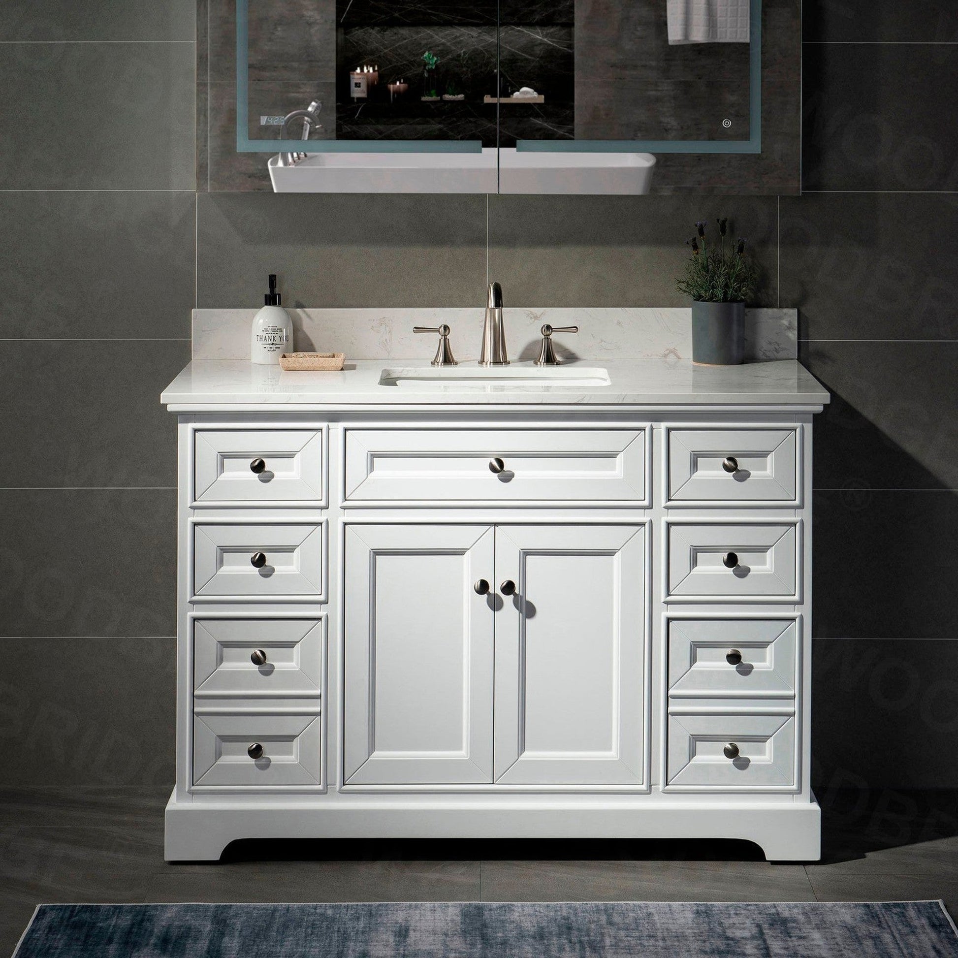 WoodBridge London 48" White Solid Wood Bathroom Vanity Base and Engineered Marble White Carrara Countertop, Rectangle Undermount Sink, 2 Soft Closing Doors and 6 Full Extension Dovetail Drawers With 8" Faucet Holes