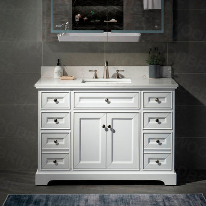 WoodBridge London 48" White Solid Wood Bathroom Vanity Base and Engineered Marble White Carrara Countertop, Rectangle Undermount Sink, 2 Soft Closing Doors and 6 Full Extension Dovetail Drawers With 8" Faucet Holes