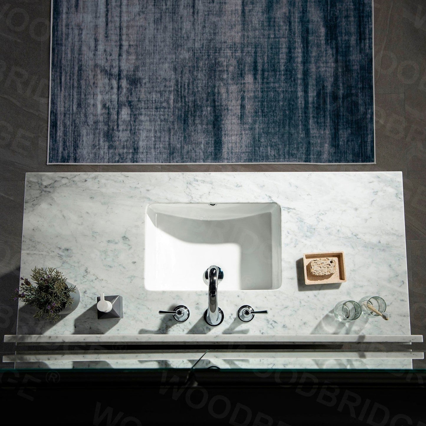 WoodBridge London 48" White Solid Wood Bathroom Vanity Base and Italian Carrara Marble Top, Rectangle Undermount Sink, 2 Soft Closing Doors and 6 Full Extension Dovetail Drawers With 8" Faucet Holes