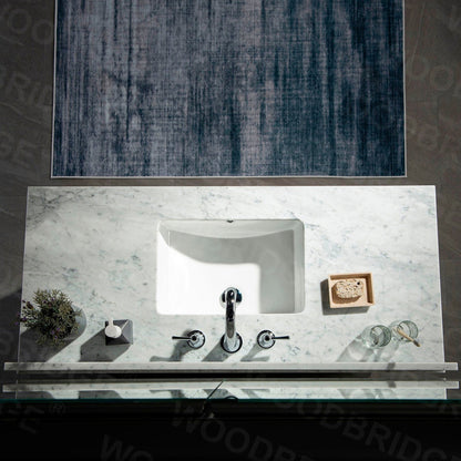 WoodBridge London 48" White Solid Wood Bathroom Vanity Base and Italian Carrara Marble Top, Rectangle Undermount Sink, 2 Soft Closing Doors and 6 Full Extension Dovetail Drawers With 8" Faucet Holes