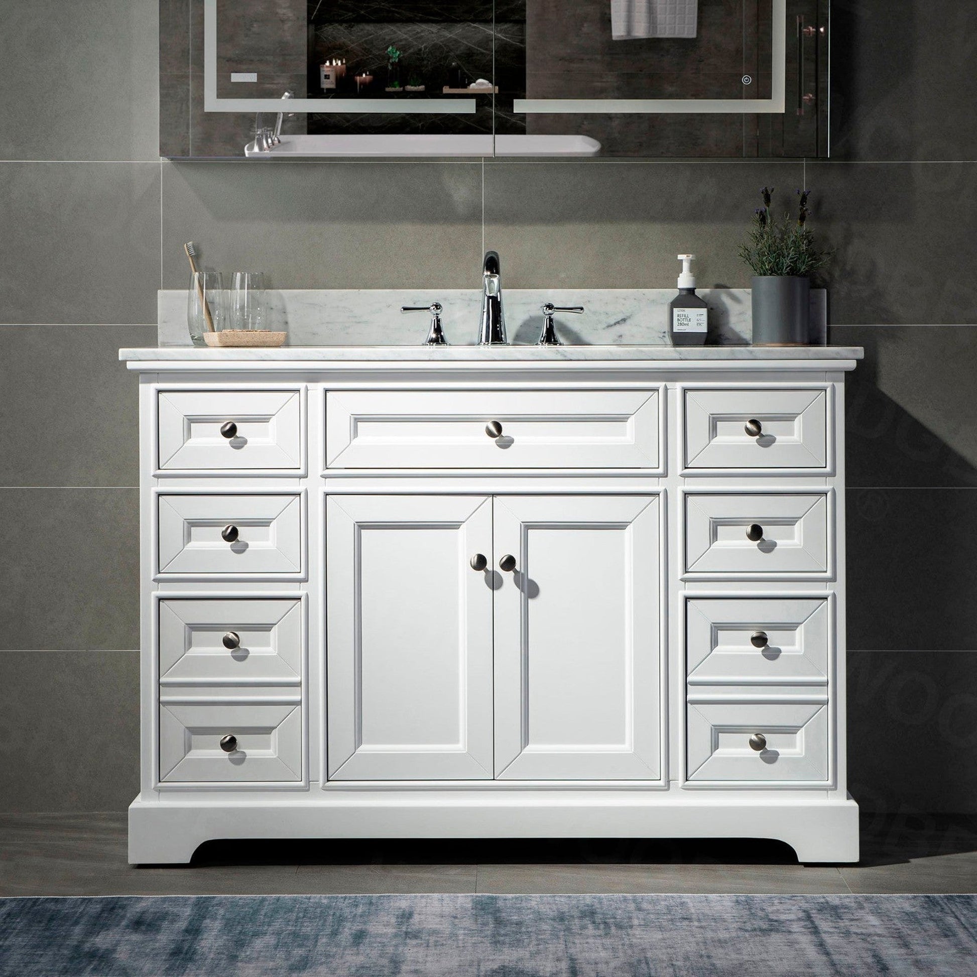WoodBridge London 48" White Solid Wood Bathroom Vanity Base and Italian Carrara Marble Top, Rectangle Undermount Sink, 2 Soft Closing Doors and 6 Full Extension Dovetail Drawers With 8" Faucet Holes