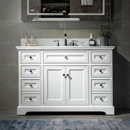 WoodBridge London 48" White Solid Wood Bathroom Vanity Base and Italian Carrara Marble Top, Rectangle Undermount Sink, 2 Soft Closing Doors and 6 Full Extension Dovetail Drawers With 8" Faucet Holes
