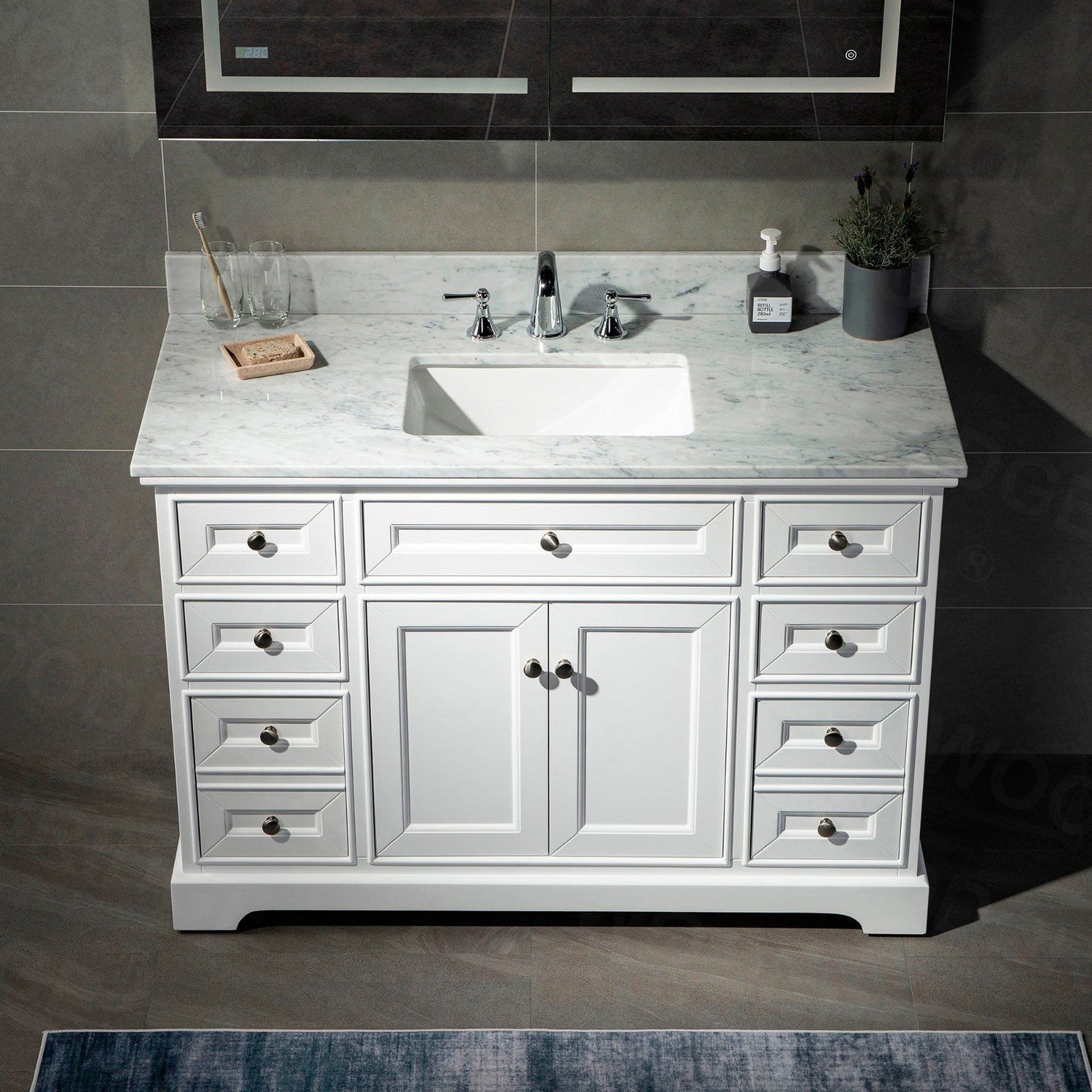 WoodBridge London 48" White Solid Wood Bathroom Vanity Base and Italian Carrara Marble Top, Rectangle Undermount Sink, 2 Soft Closing Doors and 6 Full Extension Dovetail Drawers With 8" Faucet Holes