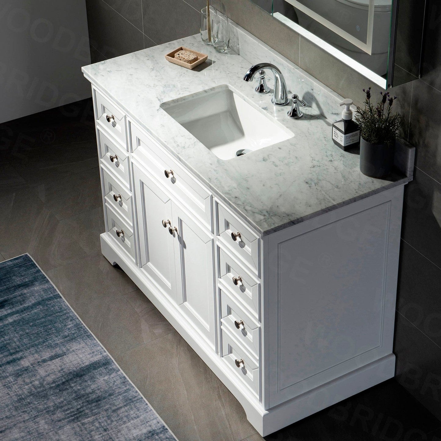 WoodBridge London 48" White Solid Wood Bathroom Vanity Base and Italian Carrara Marble Top, Rectangle Undermount Sink, 2 Soft Closing Doors and 6 Full Extension Dovetail Drawers With 8" Faucet Holes