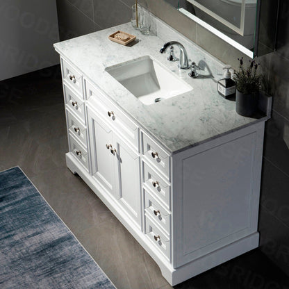 WoodBridge London 48" White Solid Wood Bathroom Vanity Base and Italian Carrara Marble Top, Rectangle Undermount Sink, 2 Soft Closing Doors and 6 Full Extension Dovetail Drawers With 8" Faucet Holes