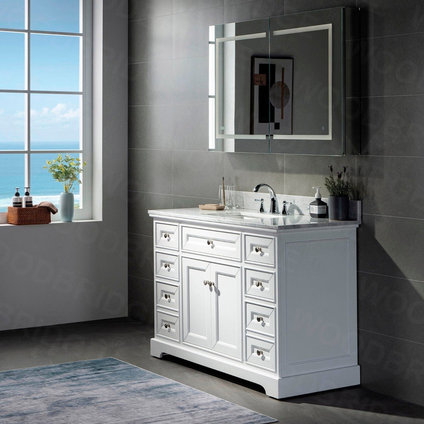 WoodBridge London 48" White Solid Wood Bathroom Vanity Base and Italian Carrara Marble Top, Rectangle Undermount Sink, 2 Soft Closing Doors and 6 Full Extension Dovetail Drawers With 8" Faucet Holes
