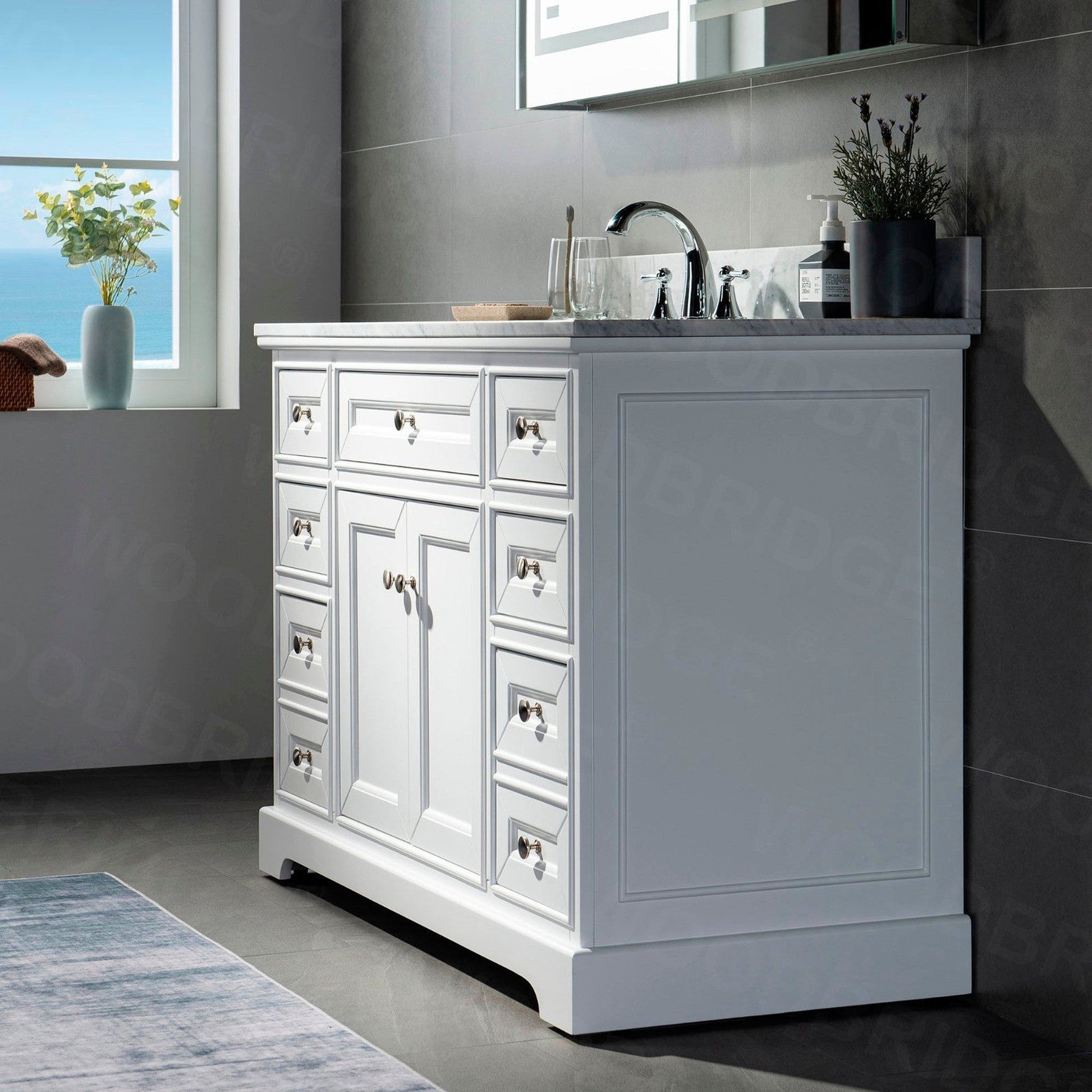 WoodBridge London 48" White Solid Wood Bathroom Vanity Base and Italian Carrara Marble Top, Rectangle Undermount Sink, 2 Soft Closing Doors and 6 Full Extension Dovetail Drawers With 8" Faucet Holes