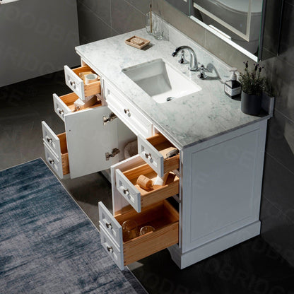 WoodBridge London 48" White Solid Wood Bathroom Vanity Base and Italian Carrara Marble Top, Rectangle Undermount Sink, 2 Soft Closing Doors and 6 Full Extension Dovetail Drawers With 8" Faucet Holes