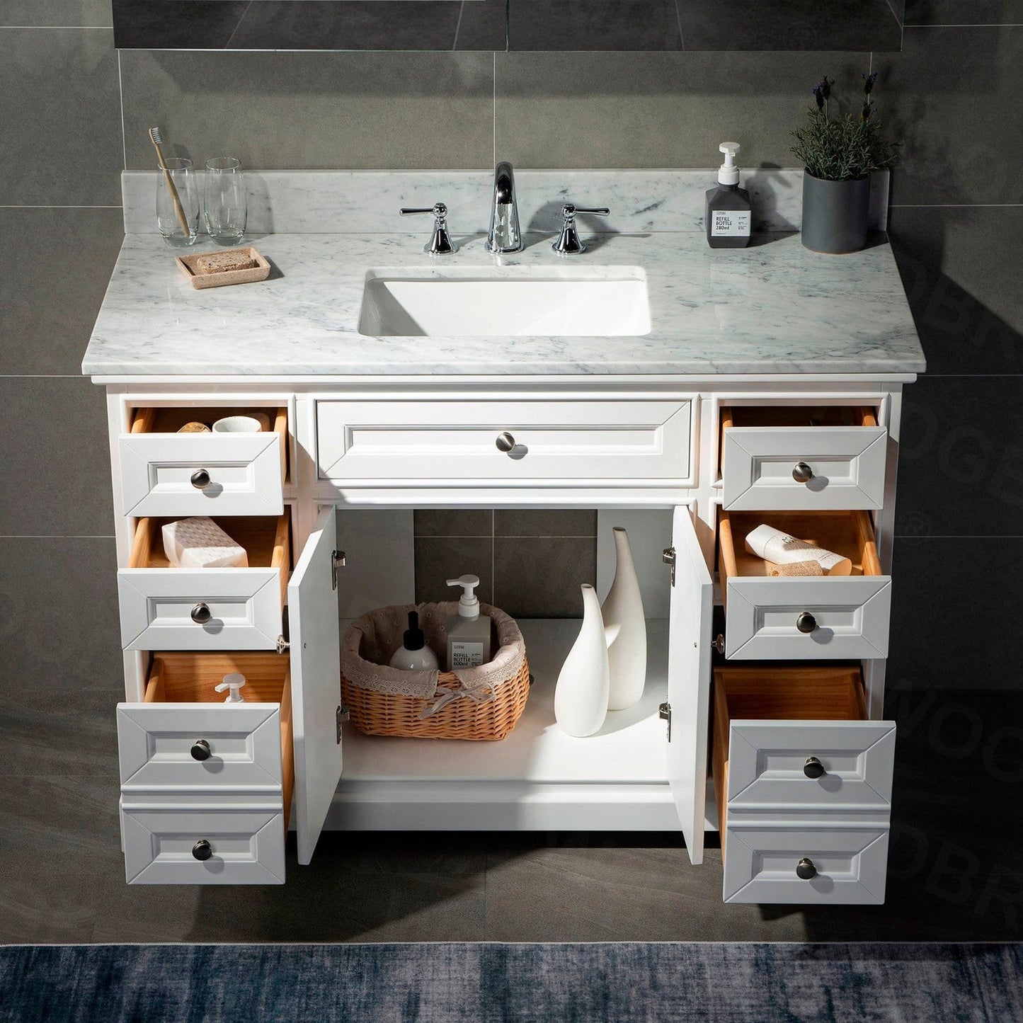 WoodBridge London 48" White Solid Wood Bathroom Vanity Base and Italian Carrara Marble Top, Rectangle Undermount Sink, 2 Soft Closing Doors and 6 Full Extension Dovetail Drawers With 8" Faucet Holes