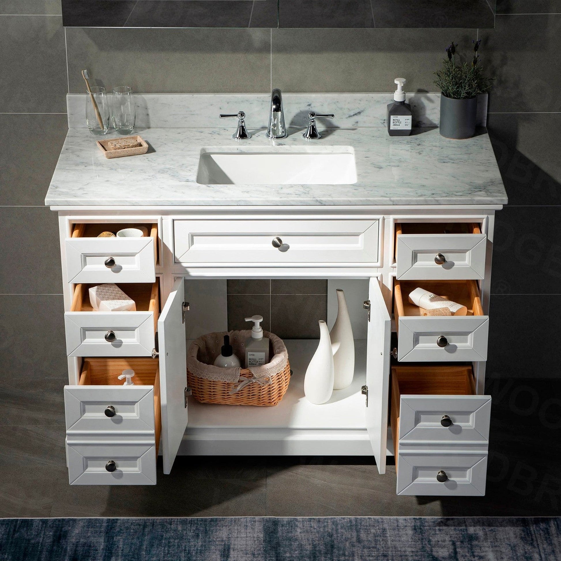 WoodBridge London 48" White Solid Wood Bathroom Vanity Base and Italian Carrara Marble Top, Rectangle Undermount Sink, 2 Soft Closing Doors and 6 Full Extension Dovetail Drawers With 8" Faucet Holes