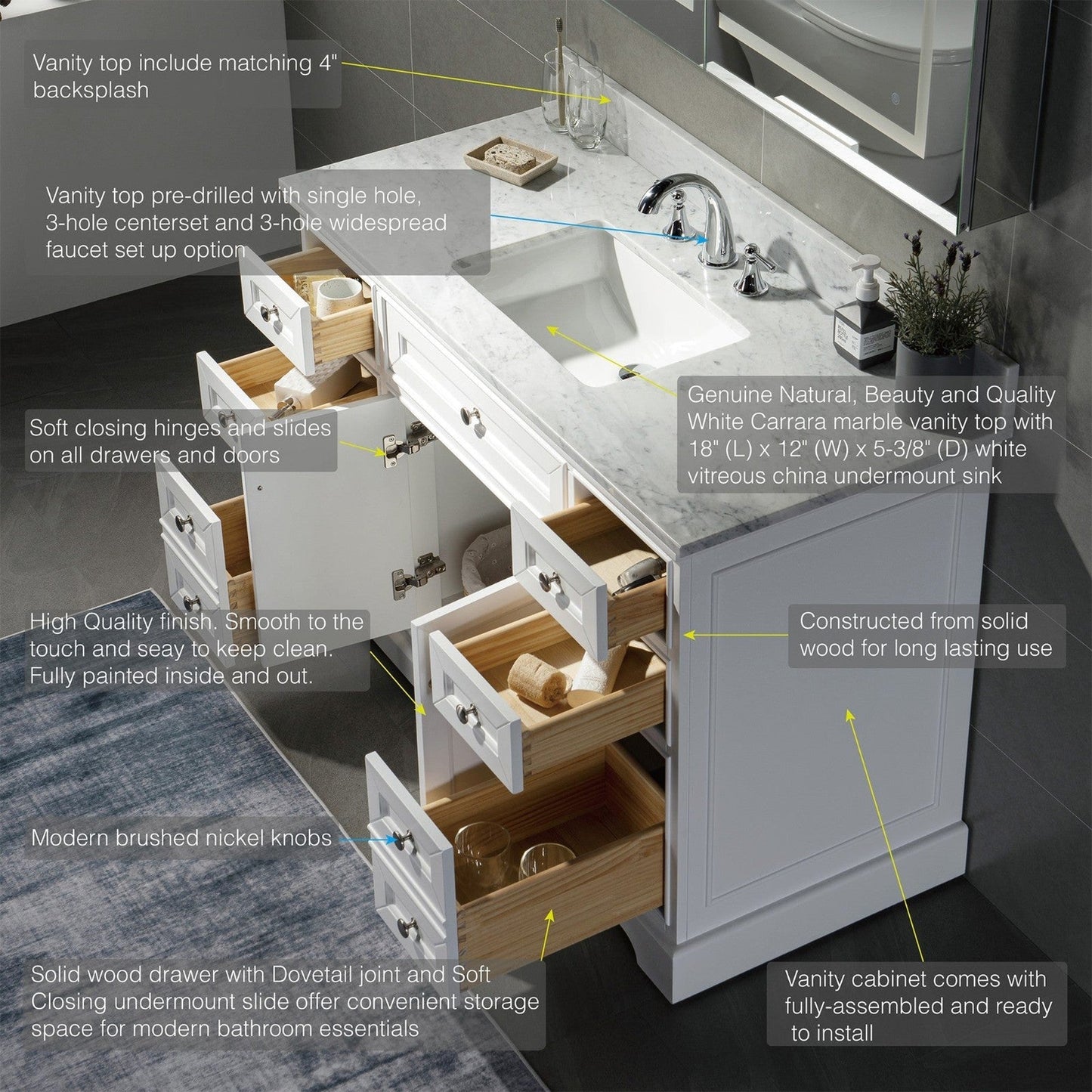 WoodBridge London 48" White Solid Wood Bathroom Vanity Base and Italian Carrara Marble Top, Rectangle Undermount Sink, 2 Soft Closing Doors and 6 Full Extension Dovetail Drawers With 8" Faucet Holes