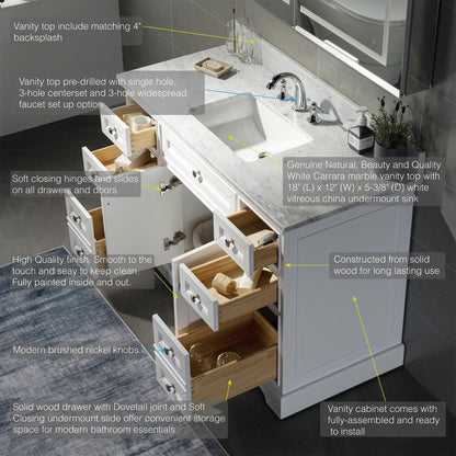 WoodBridge London 48" White Solid Wood Bathroom Vanity Base and Italian Carrara Marble Top, Rectangle Undermount Sink, 2 Soft Closing Doors and 6 Full Extension Dovetail Drawers With 8" Faucet Holes