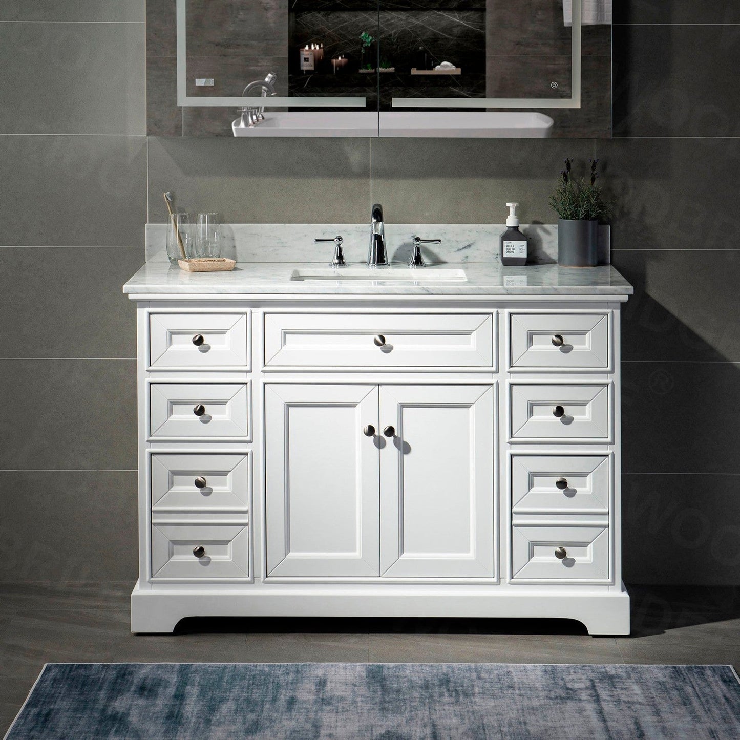 WoodBridge London 48" White Solid Wood Bathroom Vanity Base and Italian Carrara Marble Top, Rectangle Undermount Sink, 2 Soft Closing Doors and 6 Full Extension Dovetail Drawers With 8" Faucet Holes