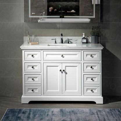 WoodBridge London 48" White Solid Wood Bathroom Vanity Base and Italian Carrara Marble Top, Rectangle Undermount Sink, 2 Soft Closing Doors and 6 Full Extension Dovetail Drawers With 8" Faucet Holes