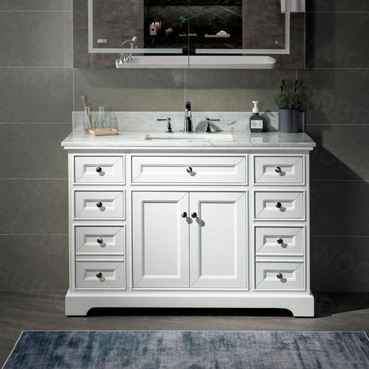 WoodBridge London 48" White Solid Wood Bathroom Vanity Base and Italian Carrara Marble Top, Rectangle Undermount Sink, 2 Soft Closing Doors and 6 Full Extension Dovetail Drawers With 8" Faucet Holes