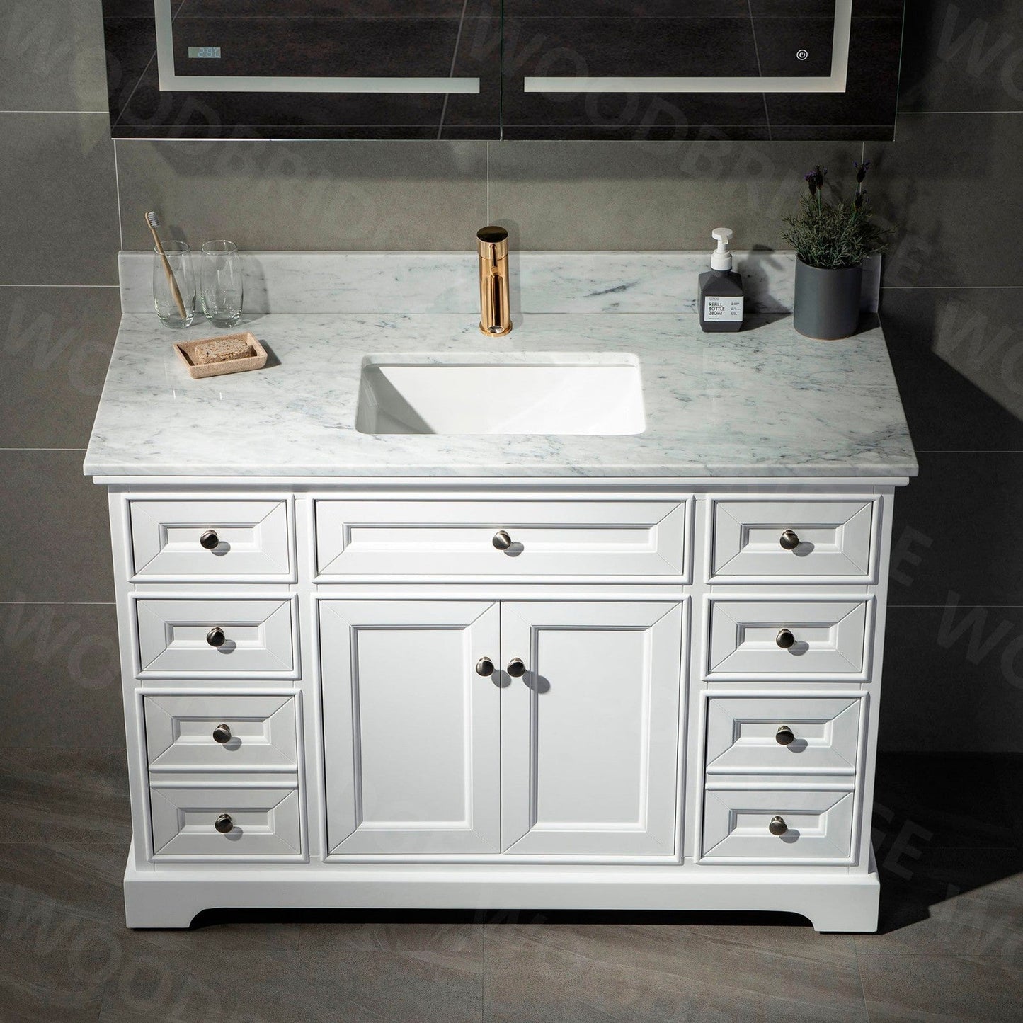 WoodBridge London 48" White Solid Wood Bathroom Vanity Base and Italian Carrara Marble Top, Rectangle Undermount Sink, 2 Soft Closing Doors and 6 Full Extension Dovetail Drawers With Single Faucet Hole