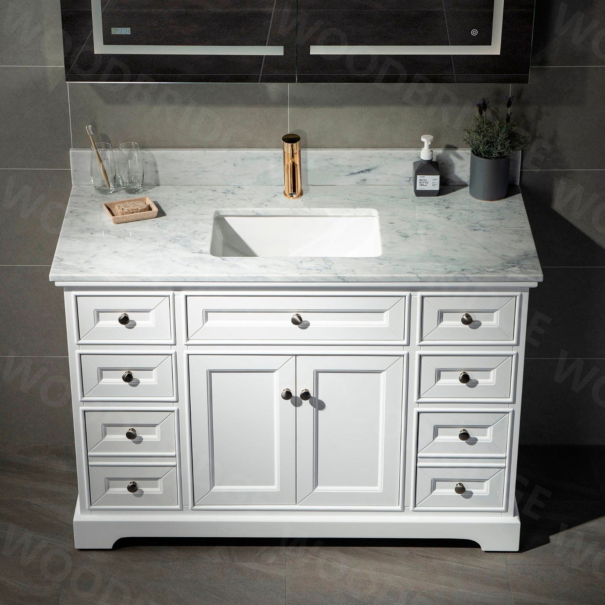 WoodBridge London 48" White Solid Wood Bathroom Vanity Base and Italian Carrara Marble Top, Rectangle Undermount Sink, 2 Soft Closing Doors and 6 Full Extension Dovetail Drawers With Single Faucet Hole