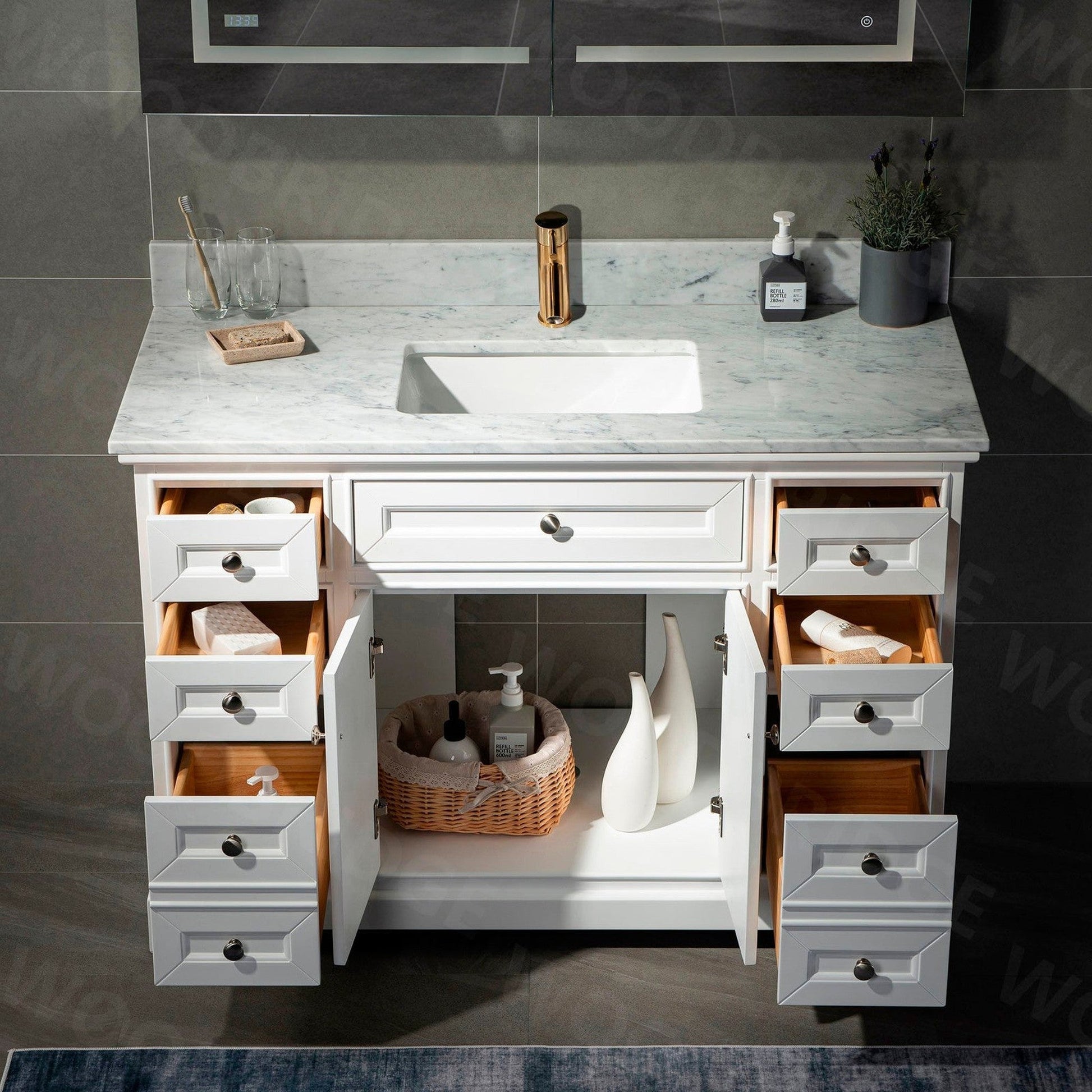 WoodBridge London 48" White Solid Wood Bathroom Vanity Base and Italian Carrara Marble Top, Rectangle Undermount Sink, 2 Soft Closing Doors and 6 Full Extension Dovetail Drawers With Single Faucet Hole