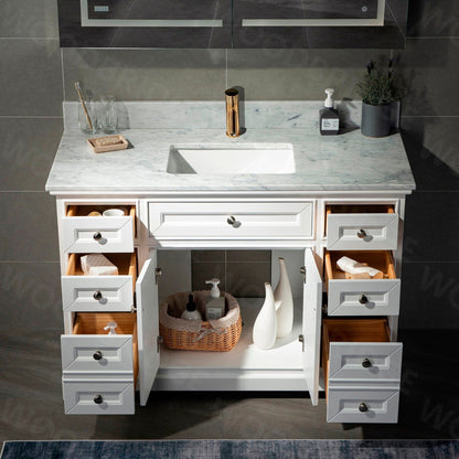 WoodBridge London 48" White Solid Wood Bathroom Vanity Base and Italian Carrara Marble Top, Rectangle Undermount Sink, 2 Soft Closing Doors and 6 Full Extension Dovetail Drawers With Single Faucet Hole